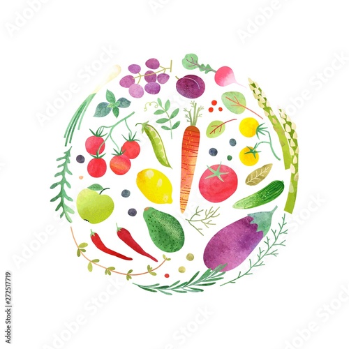 Collection organic food of vegetables  fruit and greenery. Circle design healthy eating  diet menu or marketing template. Vector isolated illustration with colorful watercolor texture.