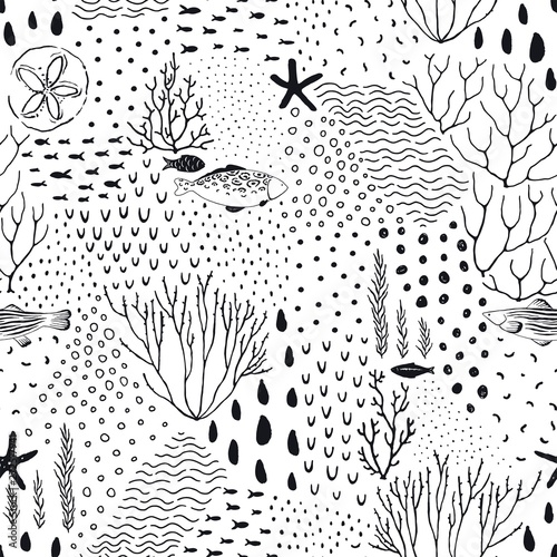 Abstract texture seamless pattern of fishes, starfishes, corals, dots, drops, doodle circles. Vector black illustration on white background.