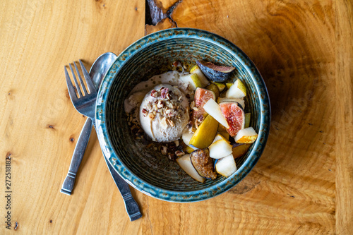 Ice cream dessert showcasing local, organic, and fresh ingredients from the Pacific Northwest. Honey, pear, fig, hazelnut, and plum. photo