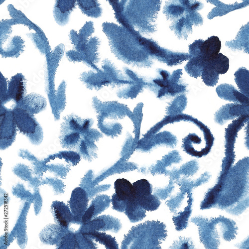 Watercolor blue vintage background with blooming flowers. Chinese pattern. Ch...