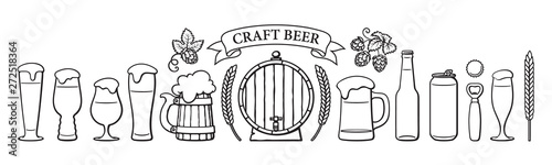 Beer objects set. Beer glasses of different shape, mugs, old wooden barrel, bottle, can, opener, cap, barley, wheat, ribbon banner with text Craft Beer. Black and white vector illustration.