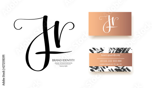 Creative monogram - hand drawn calligraphy sign. Business card design included. Uppercase J and lowercase r letter combination. Vector illustration.