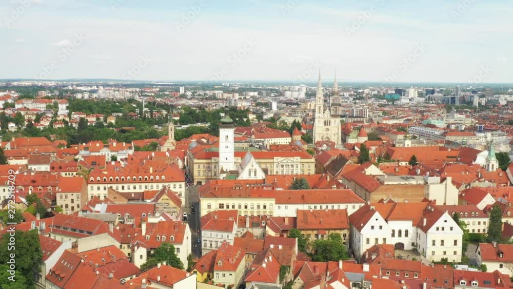 Panoramic view on Upper town and st Mark church in Zagreb, red roofs and palaces of old baroque center, political center of Croatia Panoramic view on Upper town and st Mark church in Zagreb, red roofs and palaces of old baroque center, political center of Croatia