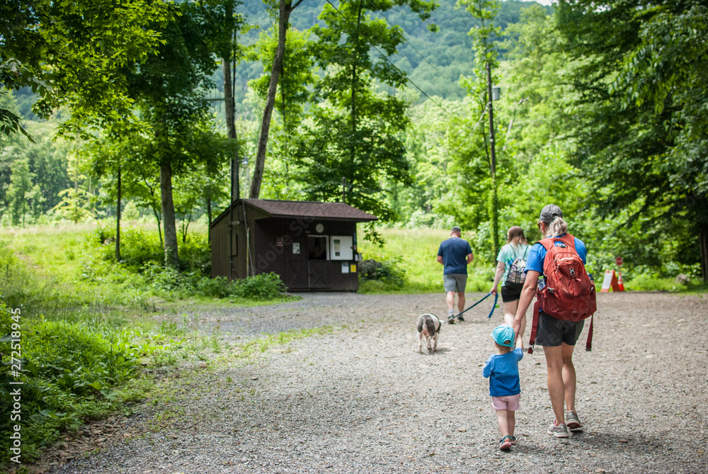 Fototapeta premium A family of hikers, three adults, one child and a dog hiking though the forest in Shenandoah National Park towards a ranger station shack. 