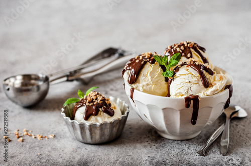 Vanilla Ice Cream with Chocolate Topping photo