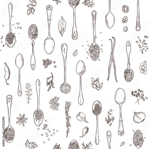Spices, condiments background. Organic and fresh herbs. Hand drawn spoons, aromatic plants sketch. Kitchen template