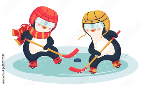 Photography penguin play ice hockey in the winter