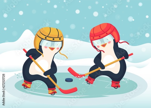 penguin play ice hockey in the winter