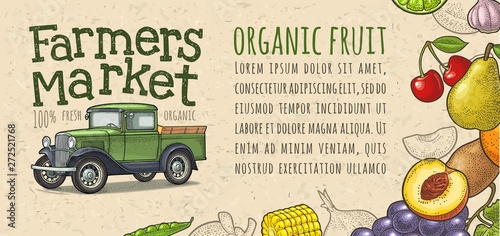Retro pickup truck, fruits, vegetables engraving. Handwriting lettering Farmers market