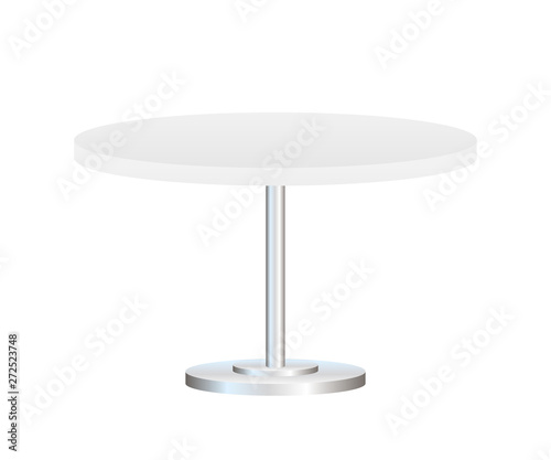 Realistic empty round table with metal stand isolated on white background. Vector stock illustration.