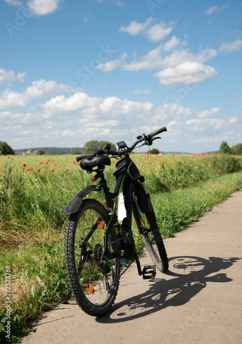 a bike, a bike with electric drive stands on a stone path next to the spring green field with red poppies. On far background, blue sky with white clouds.
