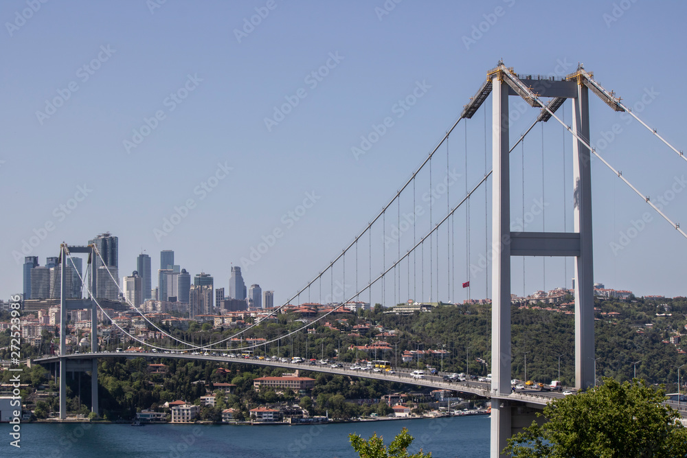 Close-up of Fatih Sultan Mehmet Bridge. It was taken in the Beykoz area. Green plants and trees.