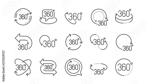 360 degrees line icons. Rotate arrow, VR panoramic simulation and augmented reality. 360 degrees virtual gaming, abstract geometry, full rotation view icons. Linear set. Vector