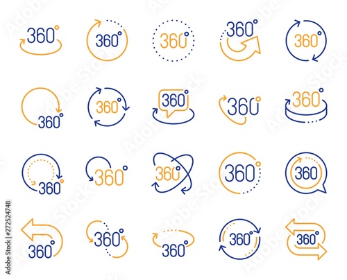360 degree line icons. Rotate arrow, VR panoramic simulation and augmented reality. 360 degree virtual gaming, abstract geometry, full rotation view icons. Vr tour, game reality. Vector