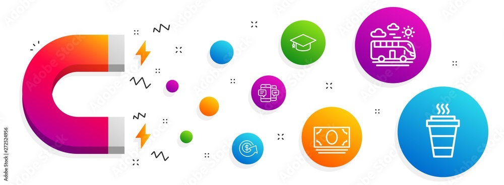 Magnet attracting. Dollar exchange, Bus travel and Cash money icons simple set. Smartphone sms, Graduation cap and Takeaway signs. Money refund, Transport. Business set. Vector Magnet attracting. Dollar exchange, Bus travel and Cash money icons simple set. Smartphone sms, Graduation cap and Takeaway signs. Money refund, Transport. Business set. Vector