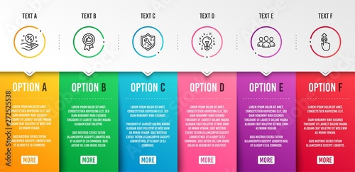 Positive feedback, Loan percent and Group icons simple set. Idea, Spanner and Swipe up signs. Award medal, Discount hand. Business set. Infographic template. 6 steps timeline. Business options. Vector