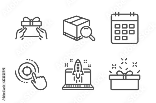 Start business, Give present and Calendar icons simple set. Search package, Seo target and Present box signs. Launch idea, Receive a gift. Business set. Line start business icon. Editable stroke