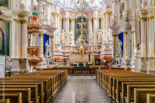 Kaunas, Lithuania – May, 2019: Interior of Kaunas cathedral basilica church, Lithuania. Wide angle panoramic view