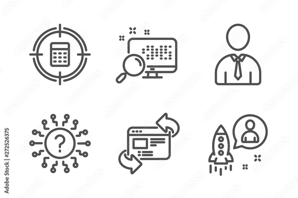 Refresh website, Search and Question mark icons simple set. Human, Calculator target and Startup signs. Update internet, Find file. Business set. Line refresh website icon. Editable stroke. Vector