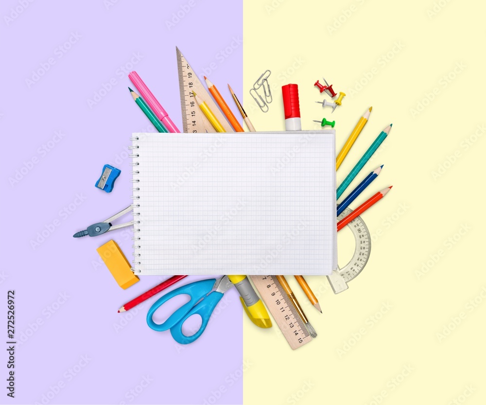 Assortment of School supplies on background Assortment of School supplies on background