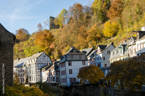 Half timbered buildings on the side of Rur river, in Monschau, Germany © Catalin