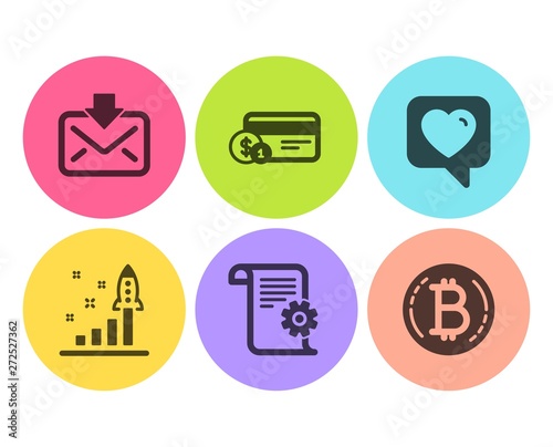 Heart, Incoming mail and Technical documentation icons simple set. Payment method, Development plan and Bitcoin signs. Like rating, Download message. Technology set. Flat heart icon. Circle button