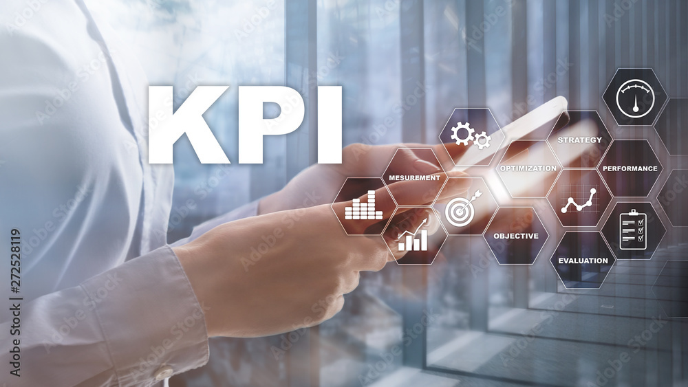 KPI - Key Performance Indicator. Business and technology concept. Multiple exposure, mixed media. Financial concept on blurred background.