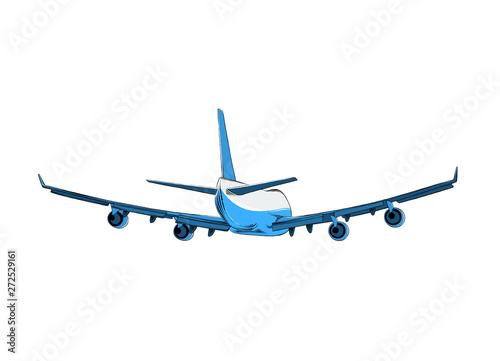 Vector drawing of airplane in blue color, isolated on white background. Drawing for posters, decoration and print. Vector illustration