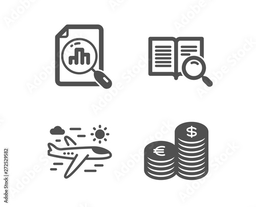 Set of Analytics graph, Airplane travel and Search text icons. Currency sign. Chart report, Trip flight, Open book. Euro and usd.  Classic design analytics graph icon. Flat design. Vector