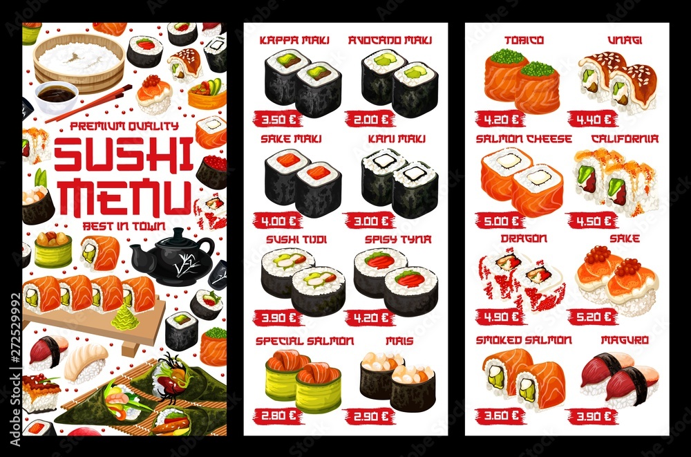 Asian sushi food, Japanese rolls price menu