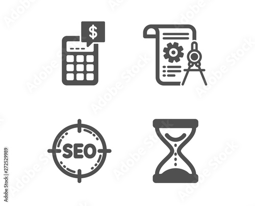 Set of Seo, Calculator and Divider document icons. Time hourglass sign. Search target, Money management, Report file. Sand watch.  Classic design seo icon. Flat design. Vector