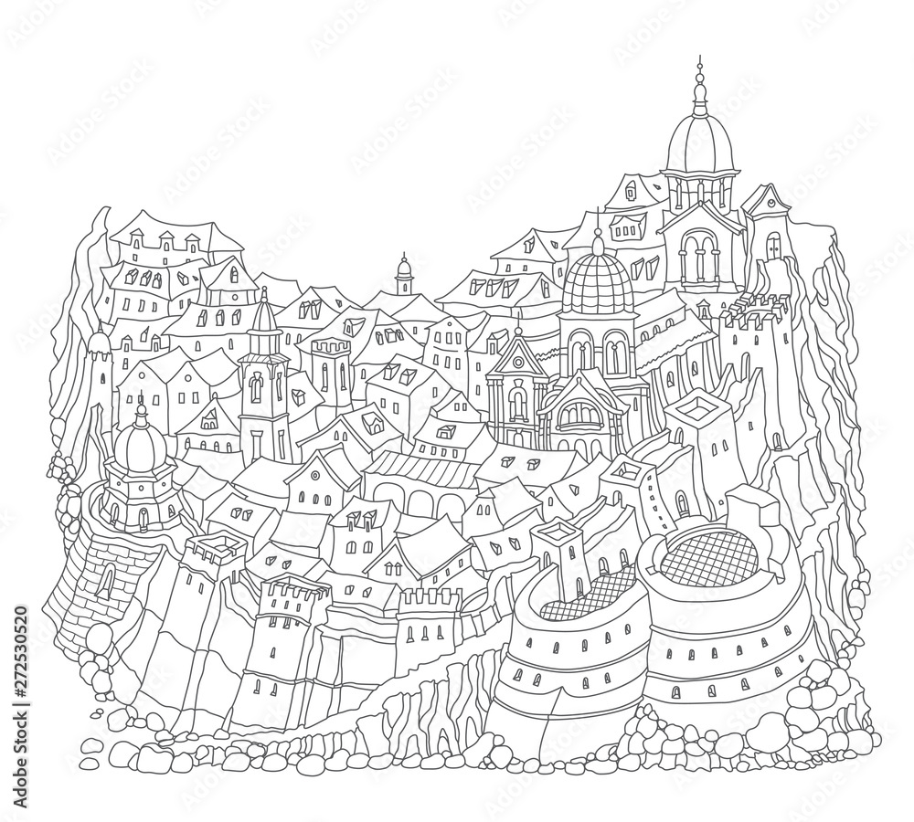 Vector fantasy urban landscape with medieval European old town. Fairy tale buildings, church, fort wall. Hand drawn doodle sketch. Tee shirt print, brochure cover with text field, coloring book