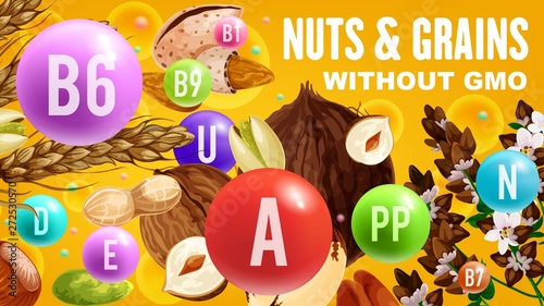 Vitamins in healthy cereals and organic vegan nuts