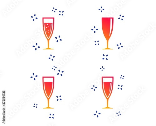 Champagne wine glasses icons. Alcohol drinks sign symbols. Sparkling wine with bubbles. Random dynamic shapes. Gradient champagne icon. Vector
