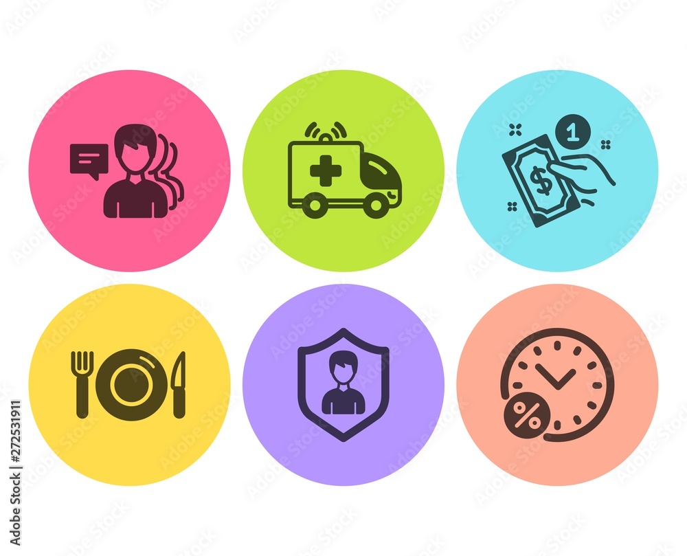 Ambulance car, People and Payment method icons simple set. Security agency, Food and Loan percent signs. Emergency transport, Support job. Business set. Flat ambulance car icon. Circle button. Vector Ambulance car, People and Payment method icons simple set. Security agency, Food and Loan percent signs. Emergency transport, Support job. Business set. Flat ambulance car icon. Circle button. Vector