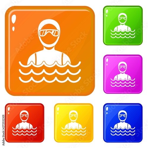 Scuba diver man in diving suit icons set collection vector 6 color isolated on white background