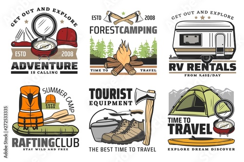 Rafting, forest camping and hiking travel icons