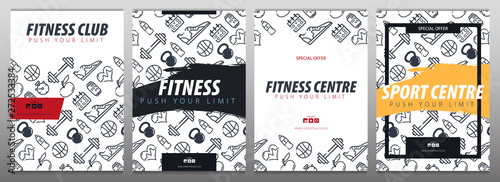 Set of Fitness Gym Motivation Quote. Hand draw doodle background.