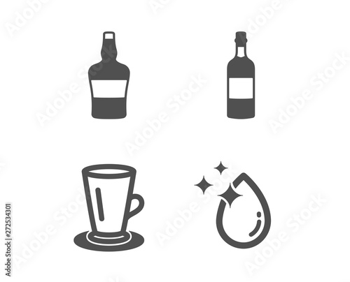 Set of Scotch bottle  Brandy bottle and Teacup icons. Water drop sign. Brandy alcohol  Whiskey  Tea or latte. Crystal aqua.  Classic design scotch bottle icon. Flat design. Vector