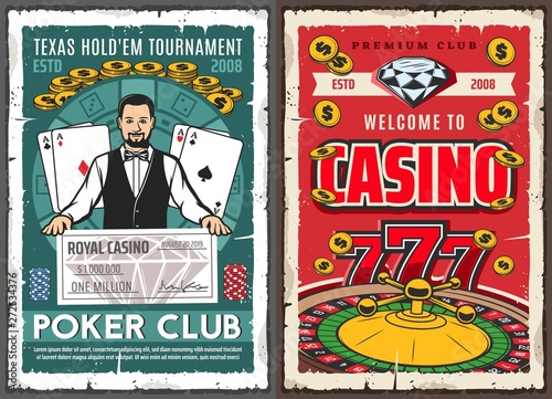 Casino poker jackpot, croupier and gambling cards