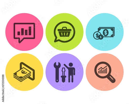 Dollar money, Repairman and Analytical chat icons simple set. Shopping cart, Cash and Data analysis signs. Cash with coins, Repair screwdriver. Business set. Flat dollar money icon. Circle button