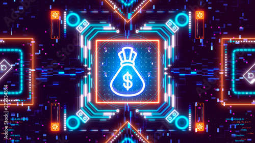 Money bag symbol on digital background. Finance and business Sack with dollar