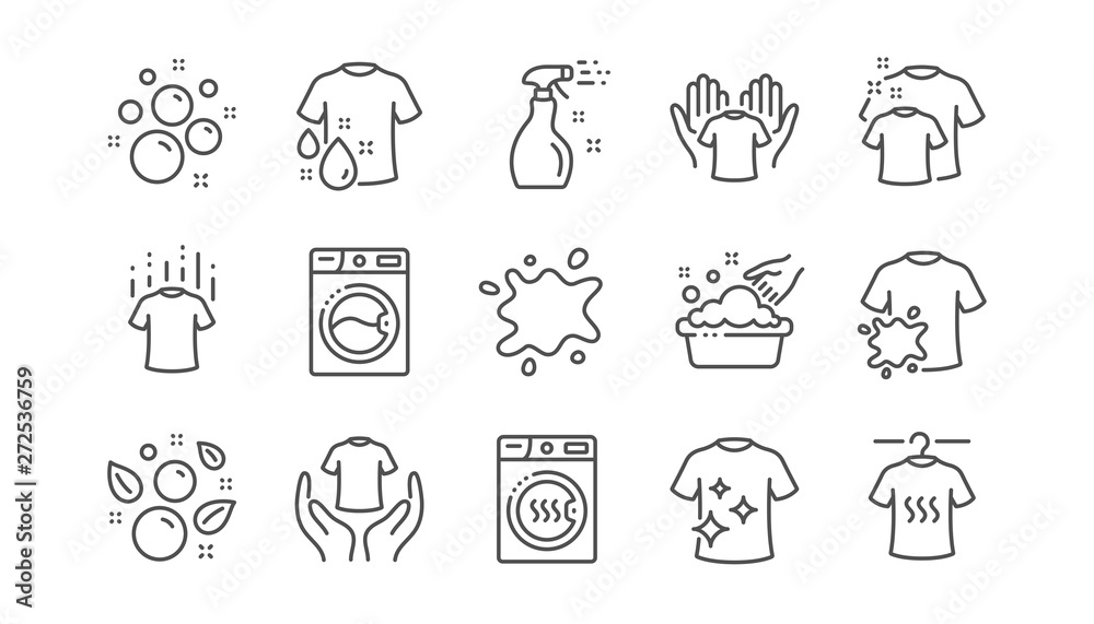 Laundry line icons. Dryer, Washing machine and dirt shirt. Laundromat, hand washing, laundry service icons. Linear set. Vector - obrazy, fototapety, plakaty 