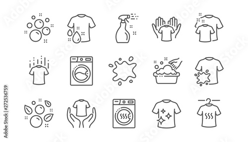 Laundry line icons. Dryer, Washing machine and dirt shirt. Laundromat, hand washing, laundry service icons. Linear set. Vector photo