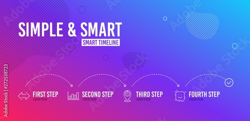 Infographic timeline. Report diagram, Timer and Sync icons simple set. Smile sign. Financial market, Location pointer, Synchronize. Positive feedback. 4 steps layout. Line report diagram icon. Vector