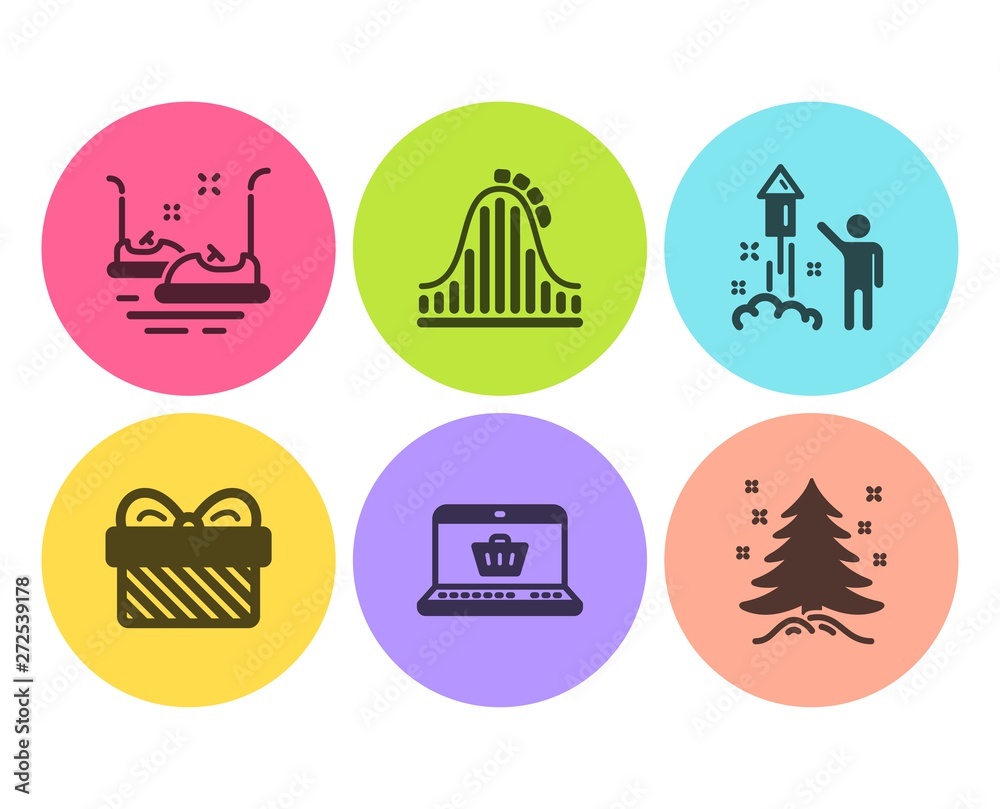 Gift, Online shopping and Bumper cars icons simple set. Roller coaster, Fireworks and Christmas tree signs. Present, Notebook with shopping cart. Holidays set. Flat gift icon. Circle button. Vector