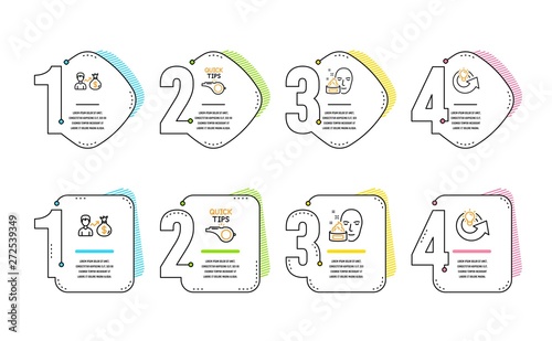 Sallary, Face cream and Tutorials icons simple set. Share idea sign. Person earnings, Gel, Quick tips. Solution. Infographic timeline. Line sallary icon. 4 options or steps. Vector