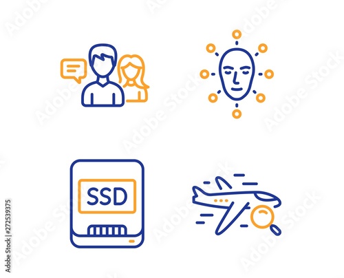 Ssd, People talking and Face biometrics icons simple set. Search flight sign. Memory disk, Contact service, Facial recognition. Find travel. Linear ssd icon. Colorful design set. Vector