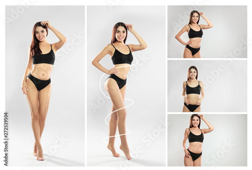 Set of attractive young woman with slim body in underwear on light background