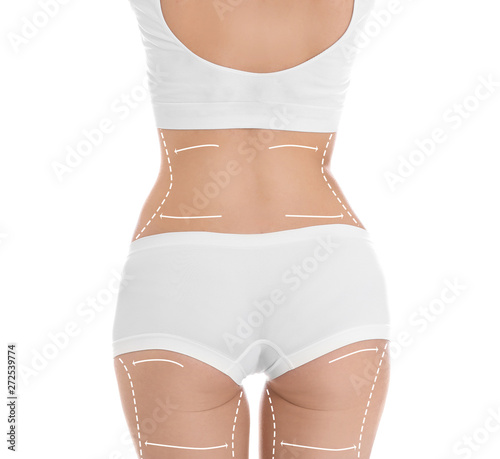 Young slim woman on white background, closeup. Weight loss